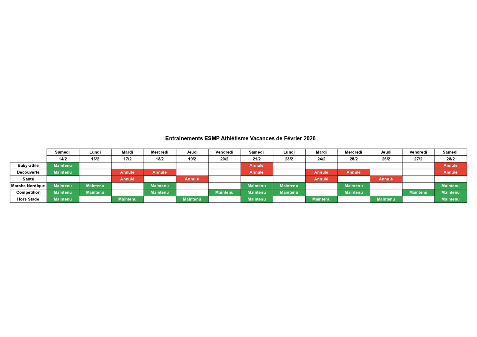 Planning Vacances de Février 2026